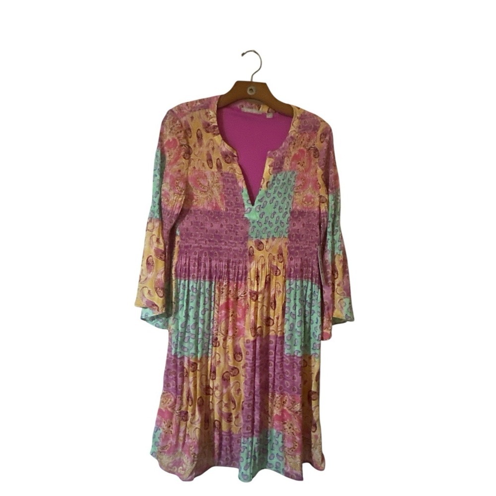 Sunny Leigh Patchwork Pastel Smocked With Bell Sleeves Boho Style Size Med.‎
